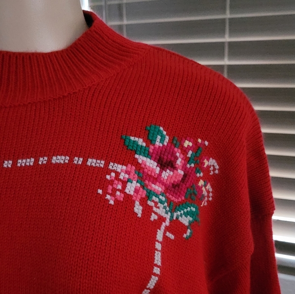 VINTAGE CHINAWEAR BY MORSLY RED KNIT FLORAL STICH PRINT SWEATER - Picture 3 of 6